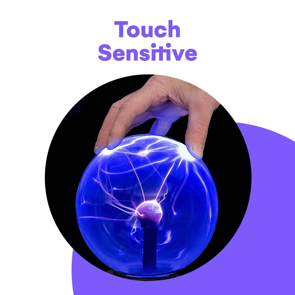 Touch-sensitive plasma ball with blue electric strands inside clear globe