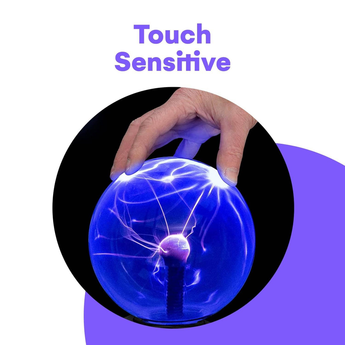 Touch-sensitive plasma ball with blue electric strands inside clear globe