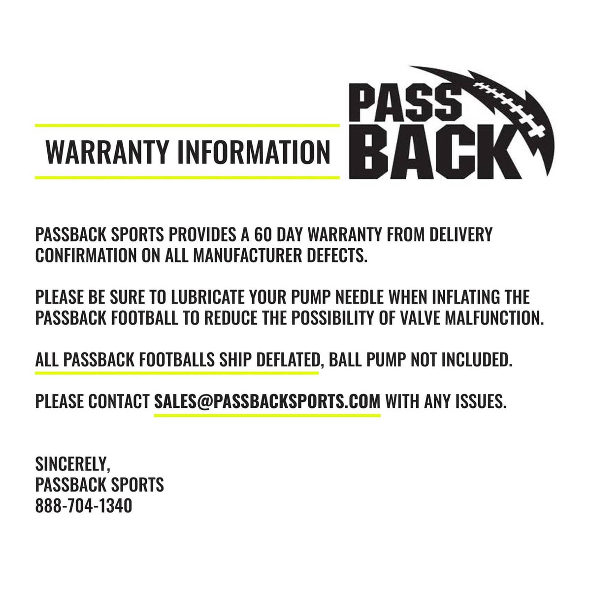 Warranty information graphic for Passback sports footballs, 60-day coverage details