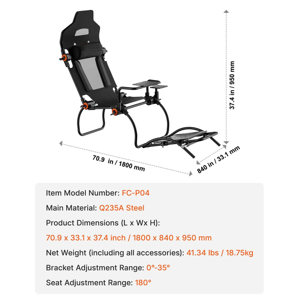 Racing simulator wheel stand with black seat and orange adjustment knobs, side view