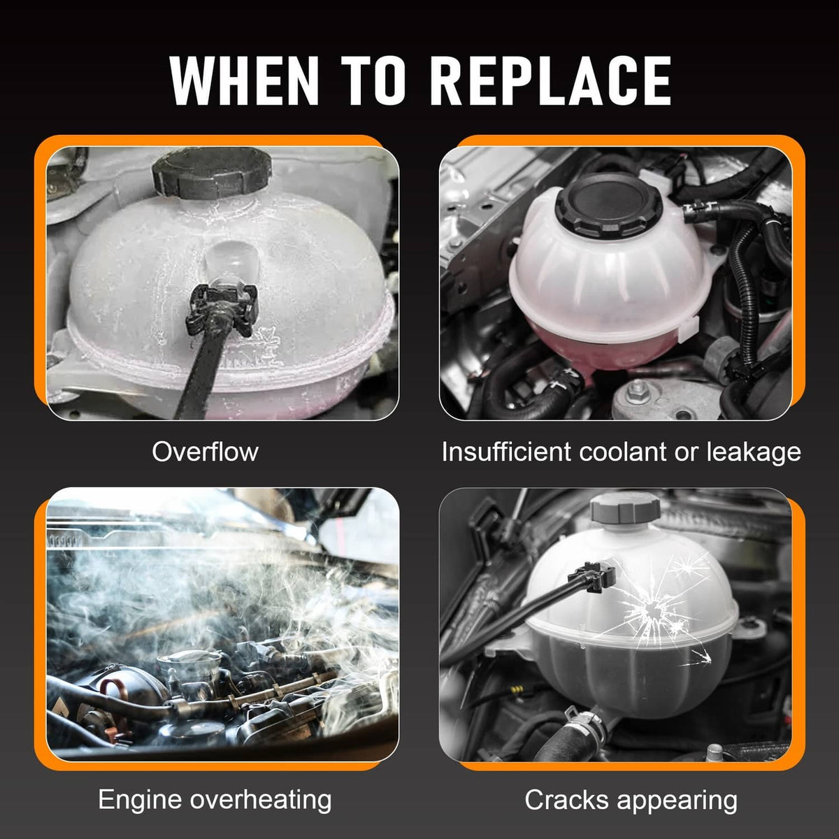 Coolant expansion tank with sensor, shown for replacement guidance on a white reservoir