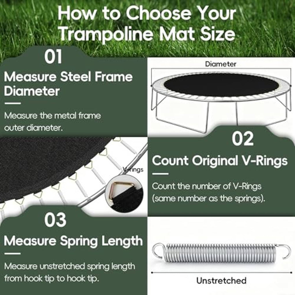 Black trampoline mat size guide diagram showing mat diameter and ring count