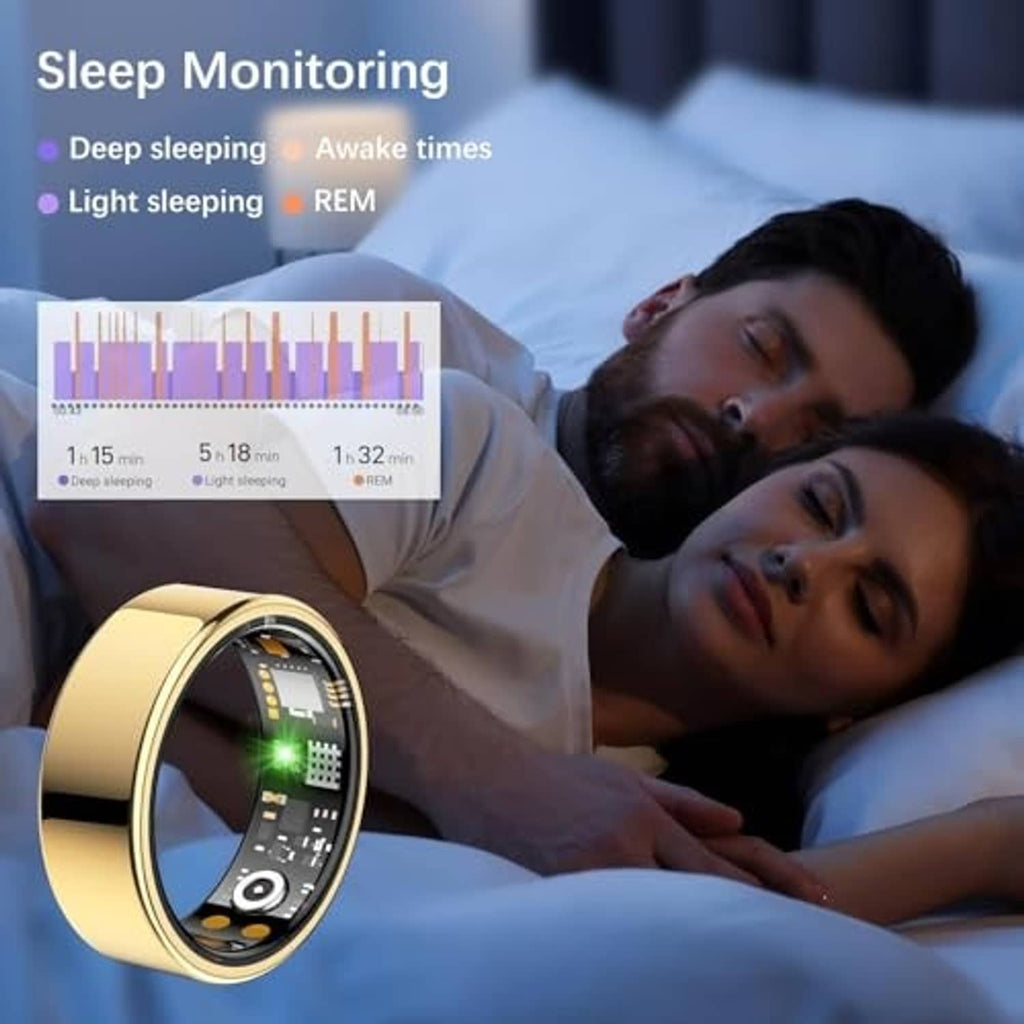 Gold smart health ring with glowing sensor during sleep monitoring