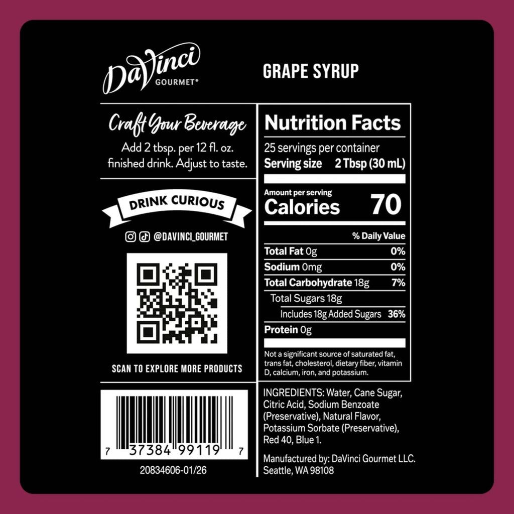 DaVinci Gourmet grape syrup bottle back with nutrition facts and barcode