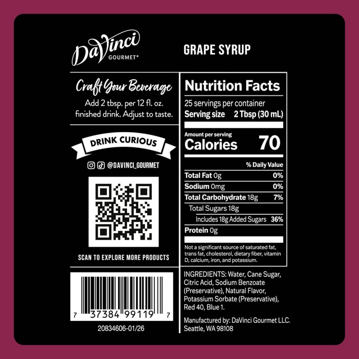 DaVinci Gourmet grape syrup bottle back with nutrition facts and barcode