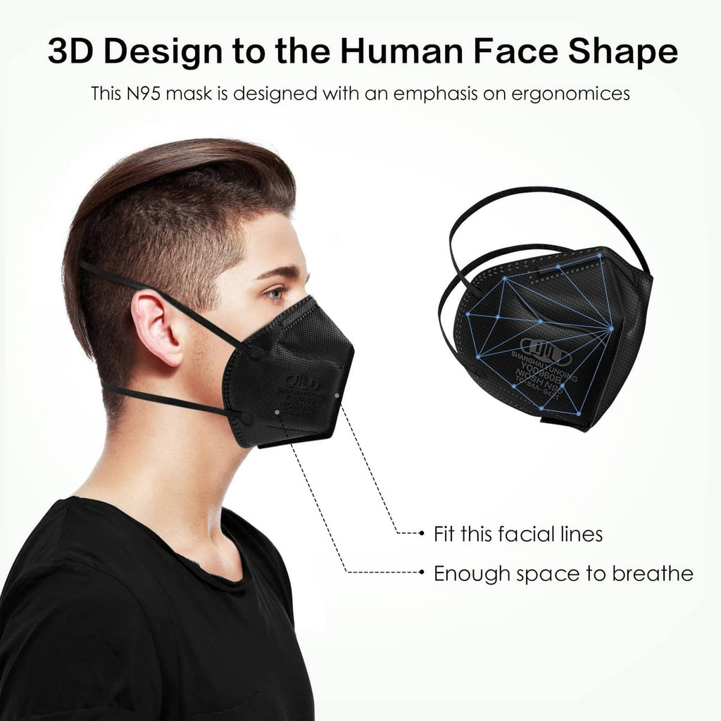 Black N95 respirator mask worn on face, contoured 3D design