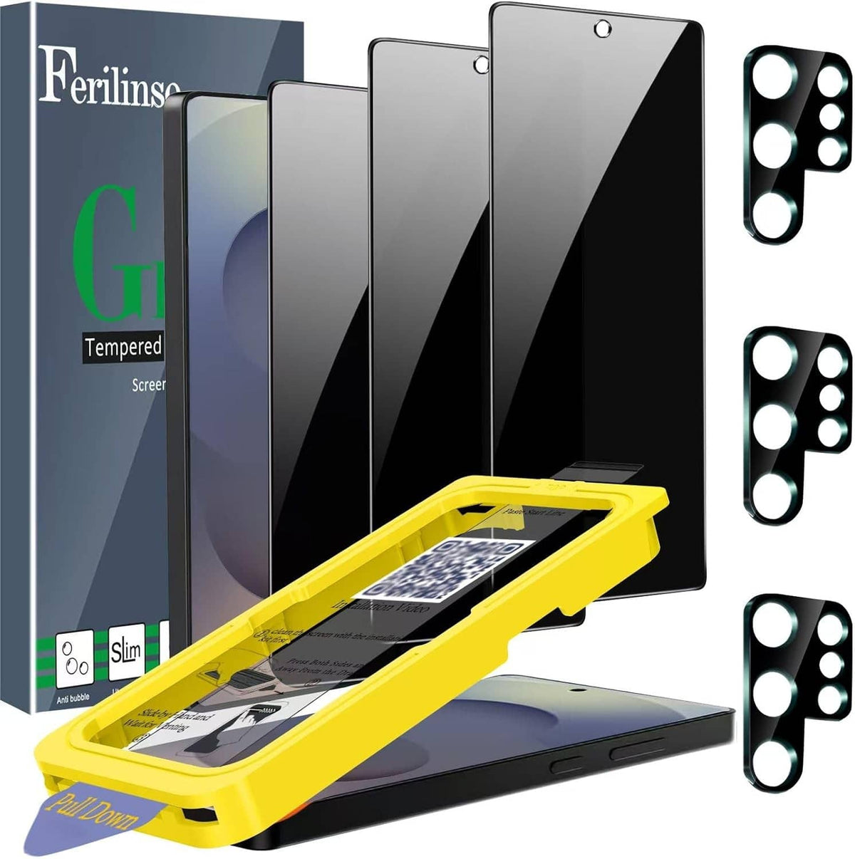 3-pack S25 Ultra privacy tempered glass screen protectors with auto-dusting tray