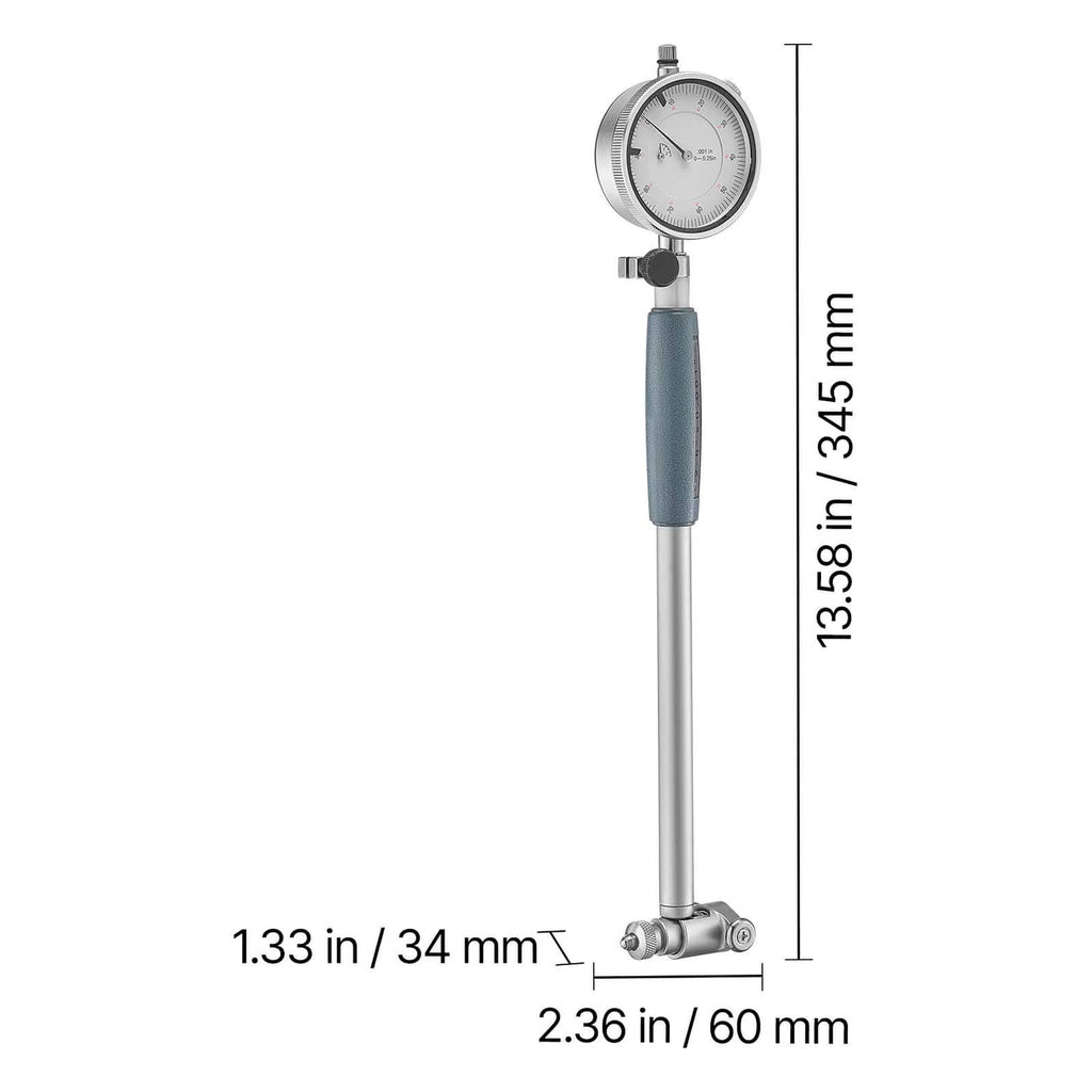 Dial test indicator bore gauge with blue handle and silver rod, shown with dimensions