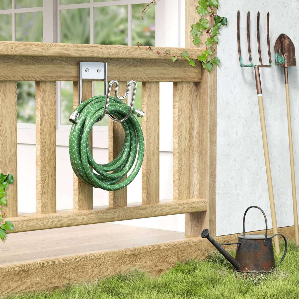 Silver stainless steel hose holder with coiled green garden hose on wall plate