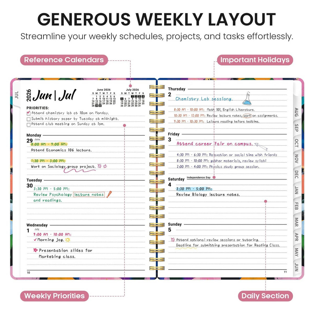 Planner open to weekly and daily pages with colorful sections and reference calendar layout