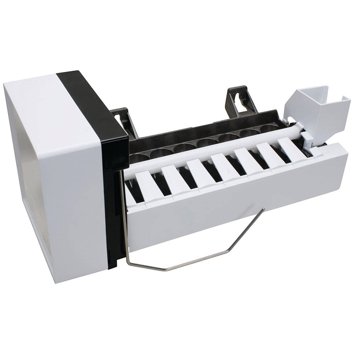 Ice maker replacement tray with black side brackets and white dispensing rack