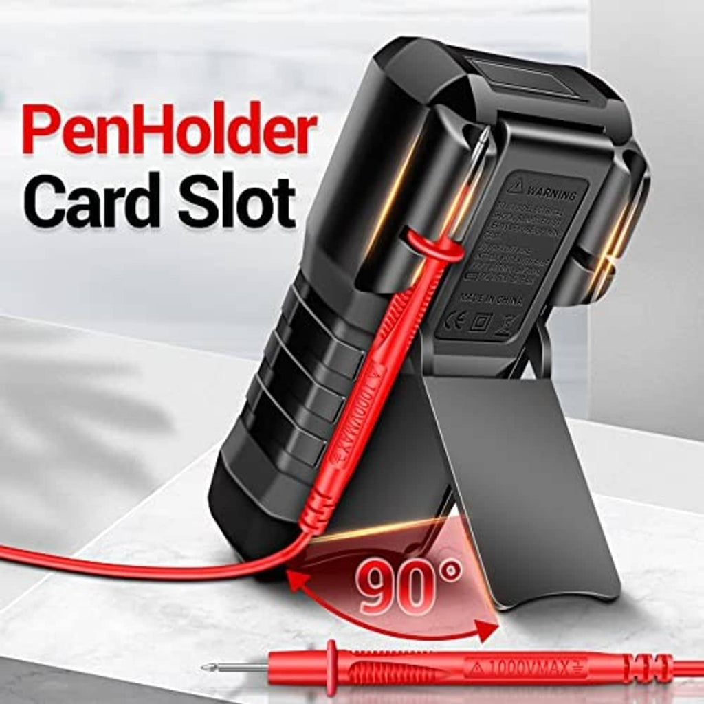 Black digital multimeter stand with pen holder and card slot, showing red test lead