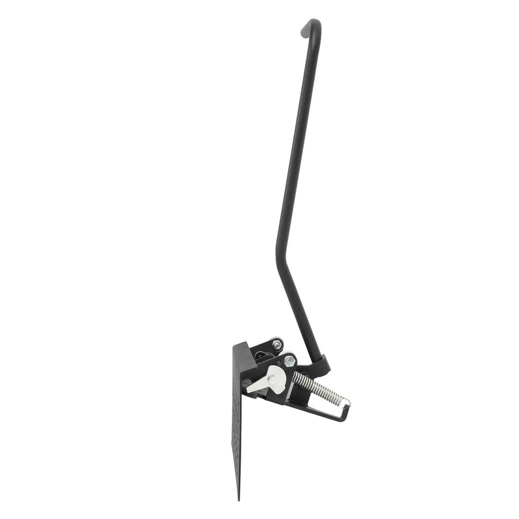 Black mower chute blocker shield with curved handle and mounting hardware