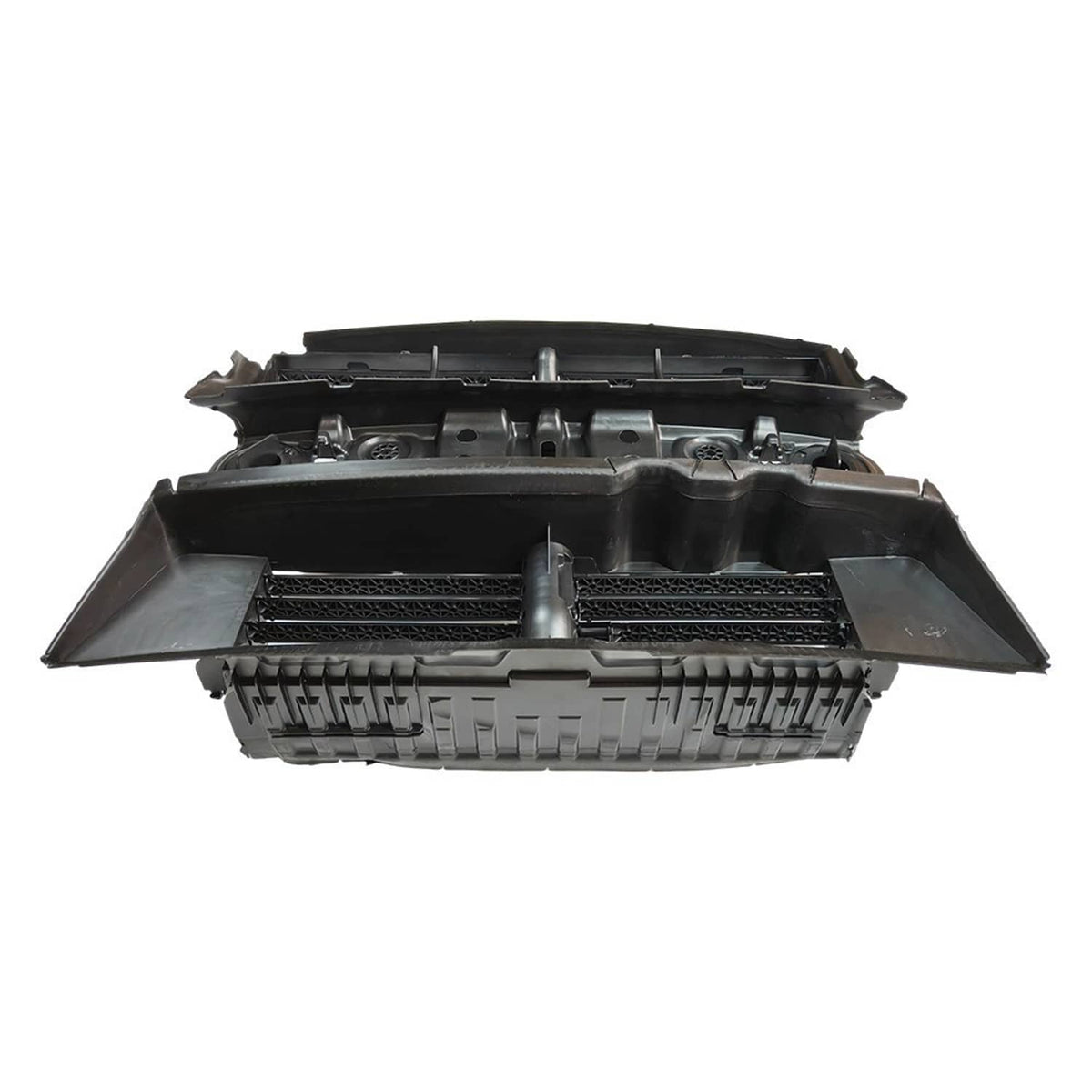 Front active grille shutter assembly with motor, vented housing with exposed slat openings