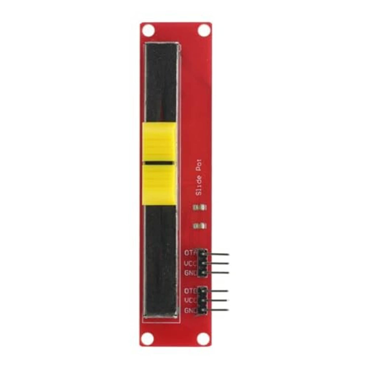 Compact slide potentiometer board with yellow slider, red PCB, and three pin terminals