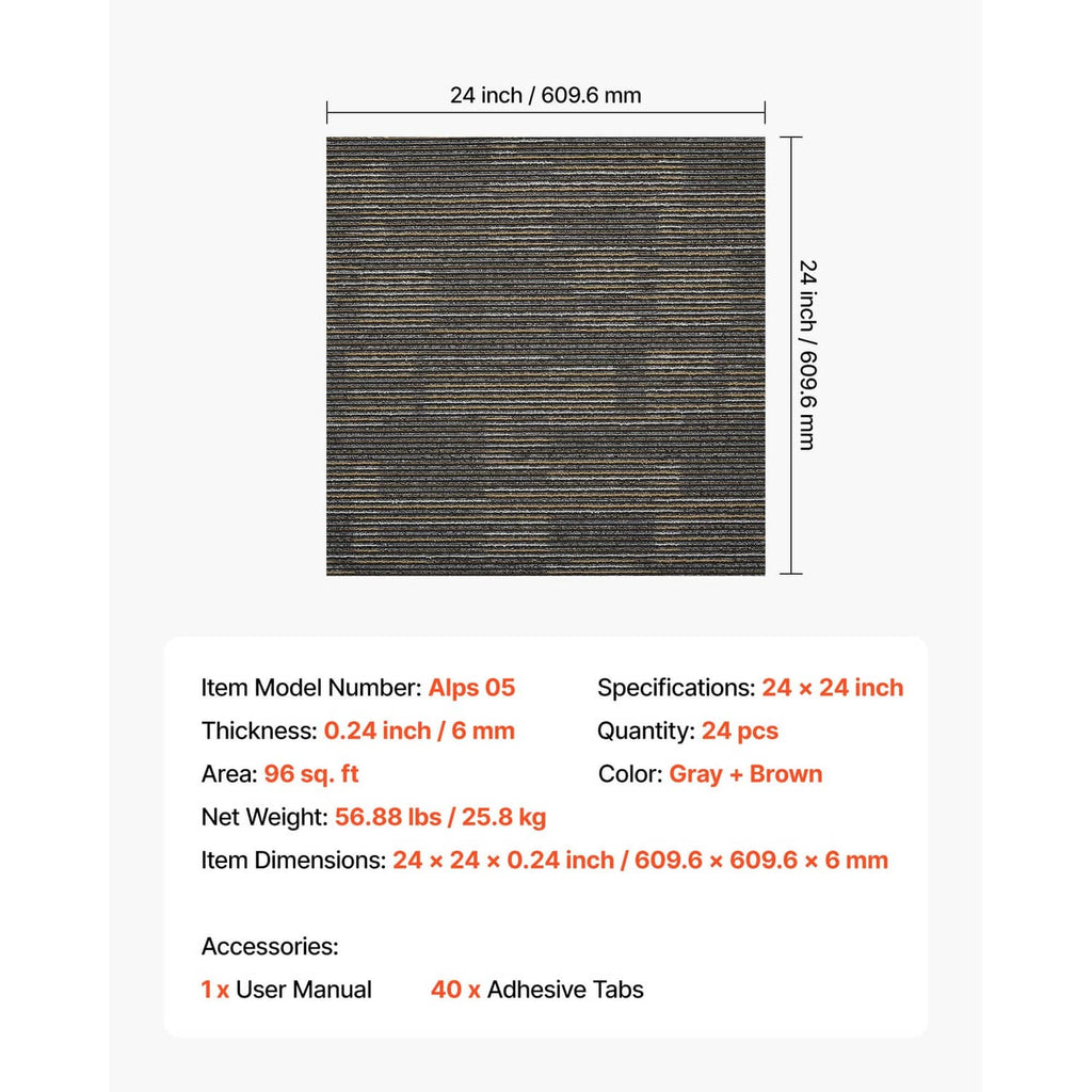 Square carpet tile with gray and brown striped texture, size marked 24x24 in