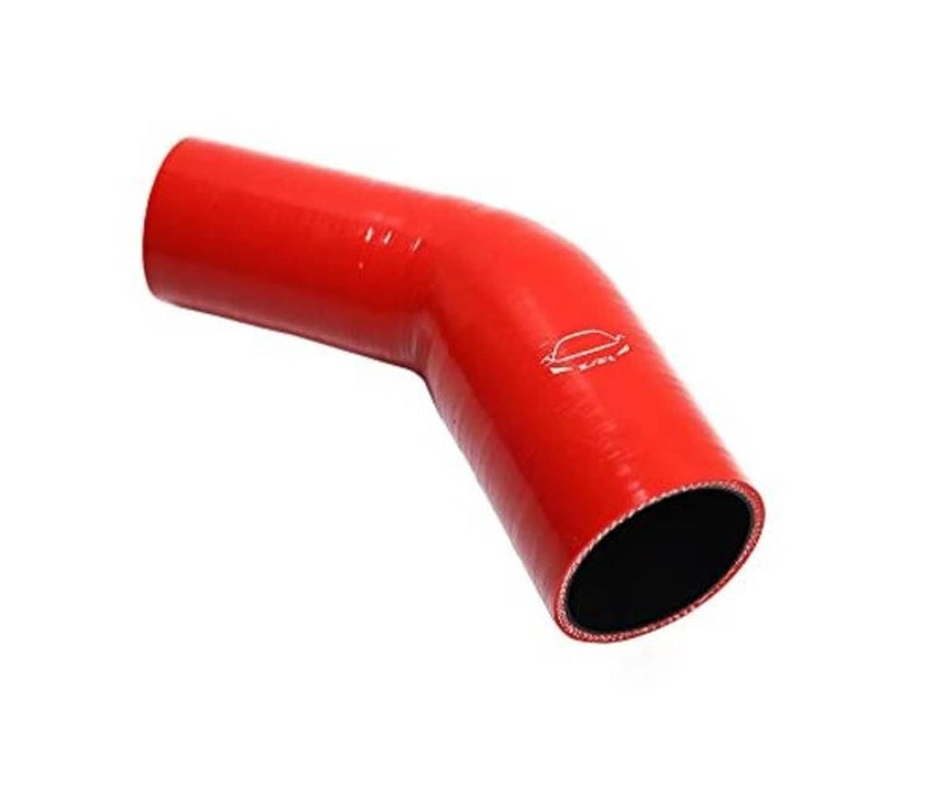 Red 45-degree elbow hose coupler with smooth curve and black end opening