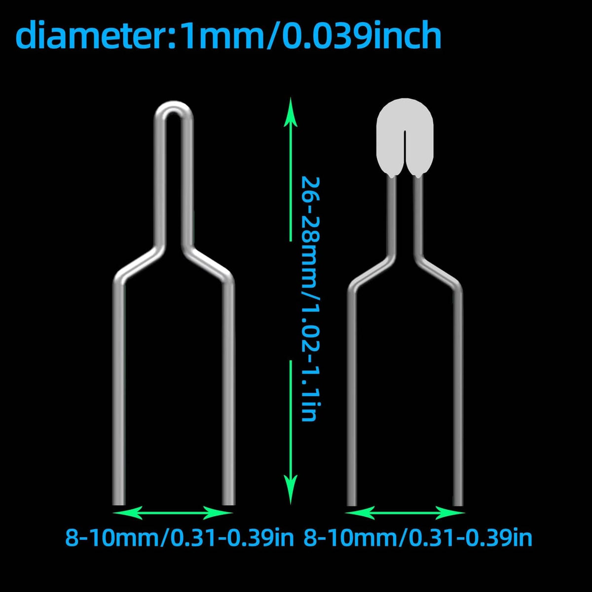 Metal wood burning pen tip with 1mm diameter U-shaped prong, size marked