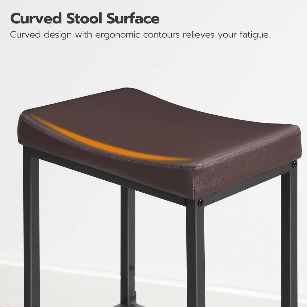 Bar stool seat close-up with dark brown cushion, black legs, and orange edge trim.