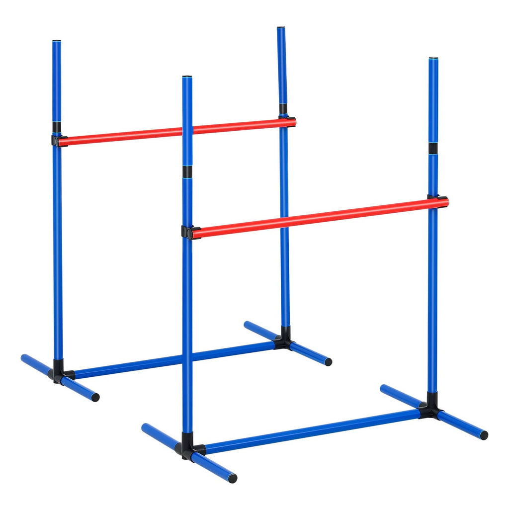 Dog agility hurdle jump with blue frame and red crossbar on outdoor green turf