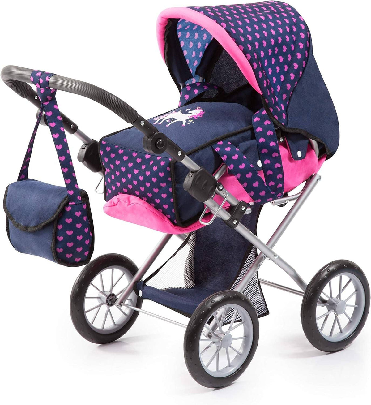 18-inch doll stroller pram with heart-print canopy, navy and pink fabric, front wheels