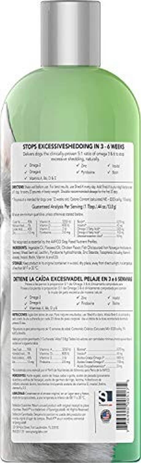 Shed-x liquid dog supplement bottle, green bottle with silver cap, back label view