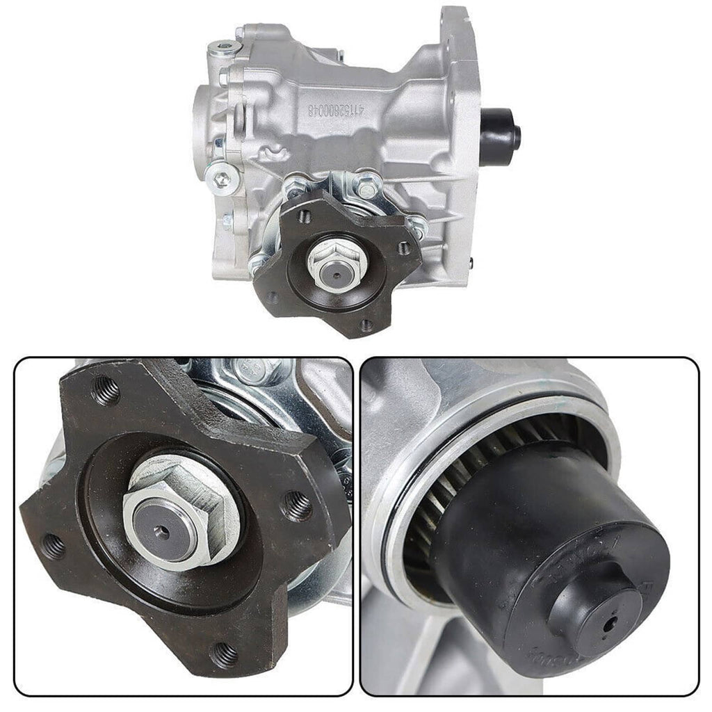 Transfer case assembly close-up of mounting face, bearing hub, and black seal