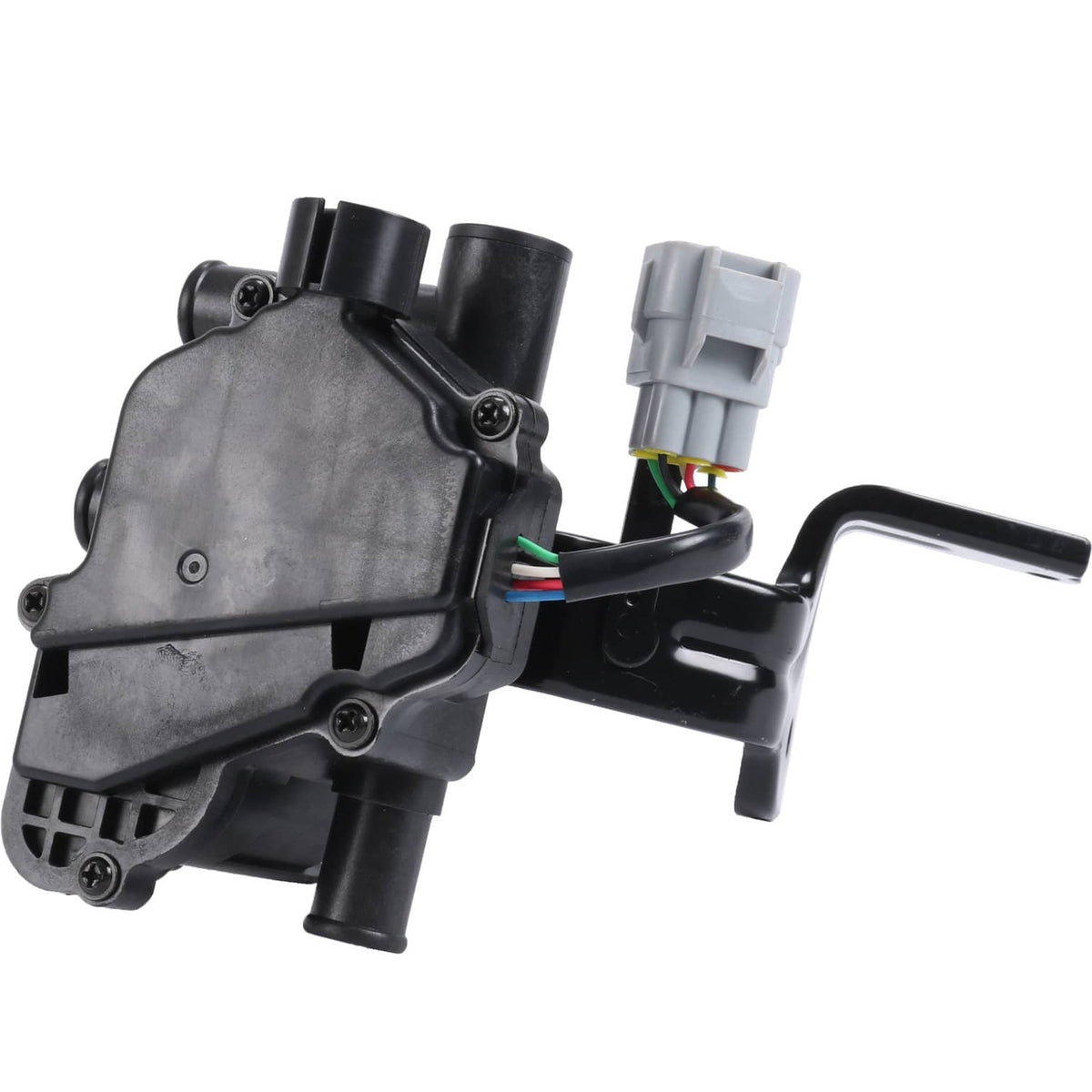 Heater coolant control valve with wiring harness plug and metal mounting tab