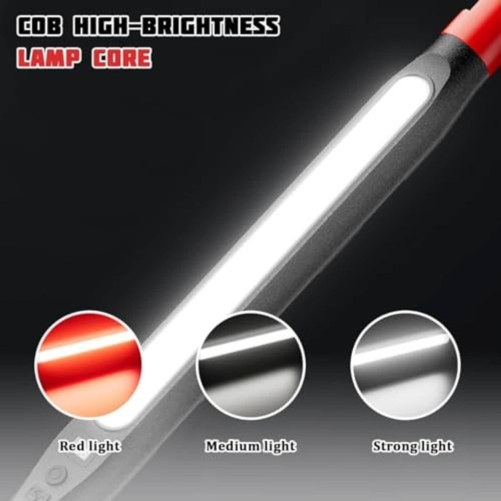 Close-up of bright LED work light bar with black housing and red end caps