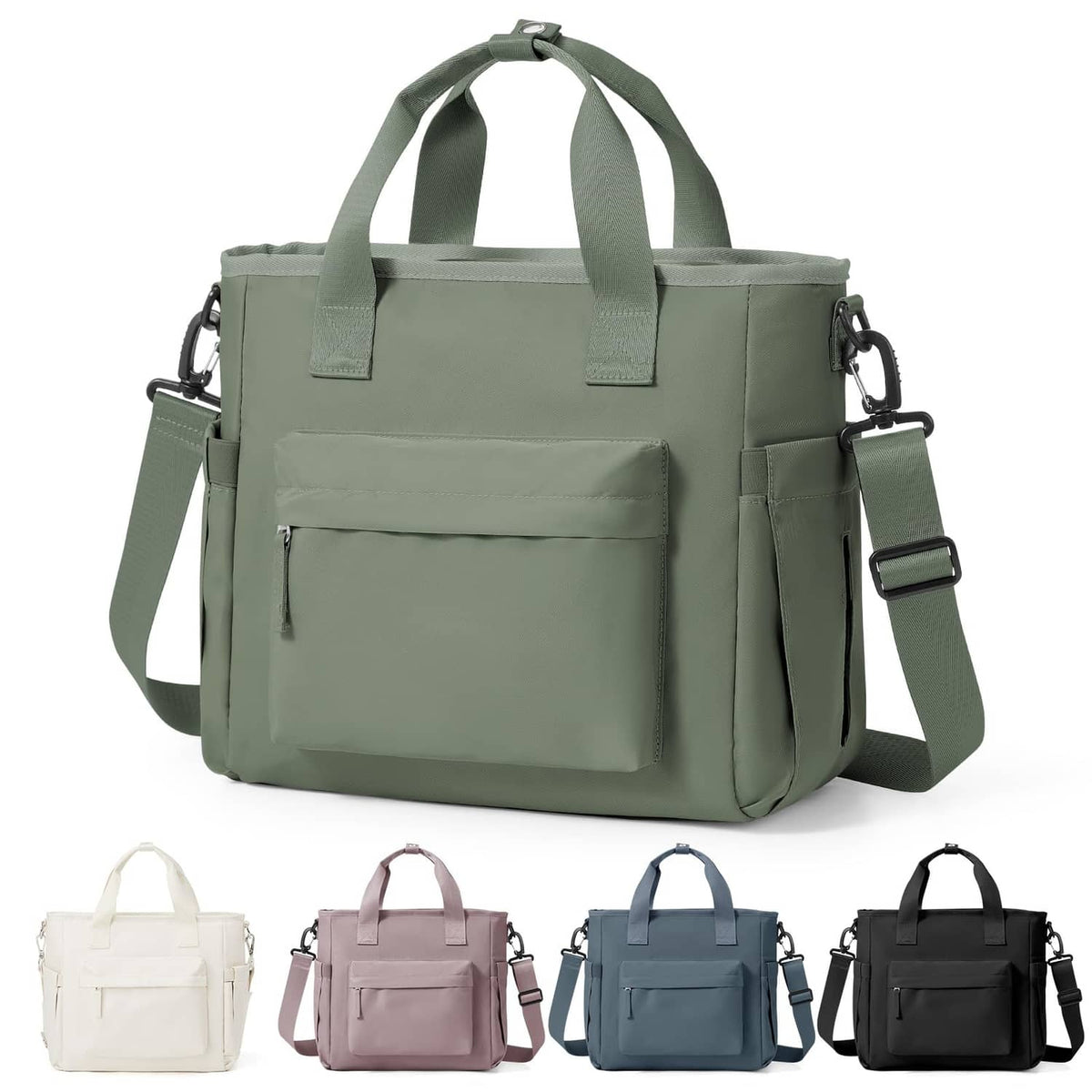 Insulated lunch tote bag, olive green, zip front and side carry straps