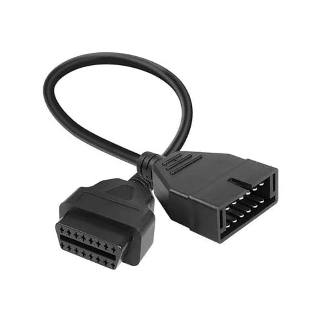 Black OBD adapter cable with 12-pin to 16-pin connector ends and braided cable