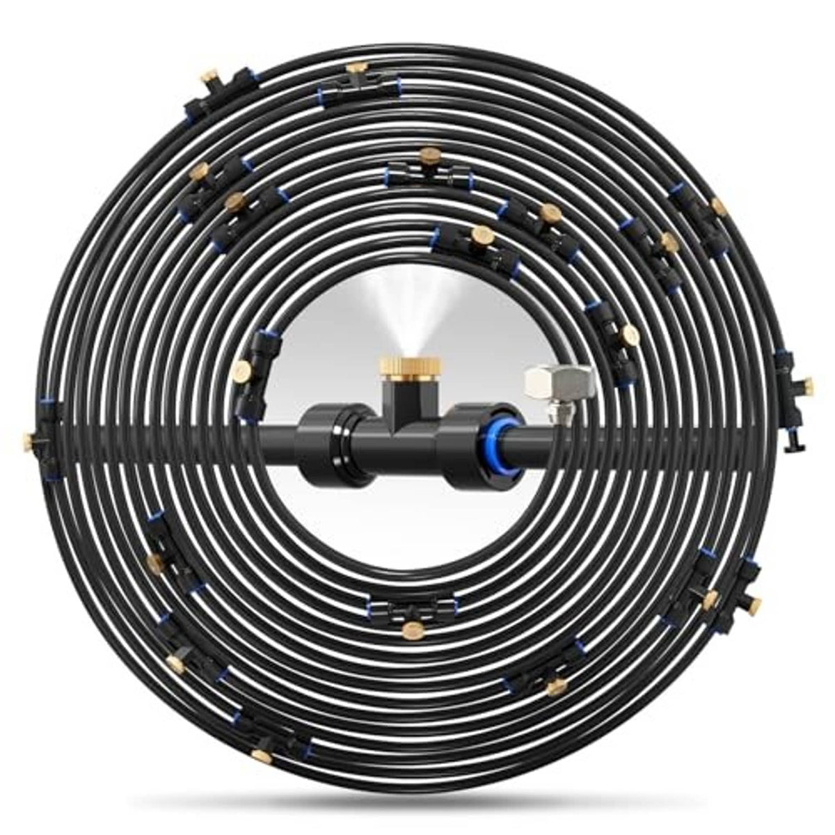 Coiled black misting tubing with brass connector and evenly spaced nozzle tips