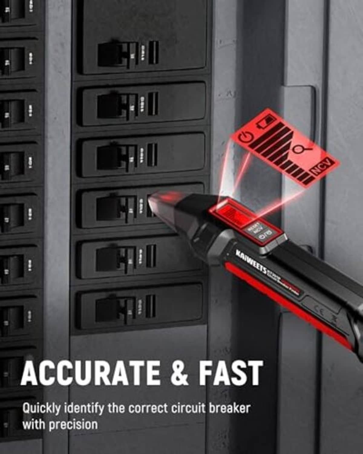Circuit breaker finder tool probing breaker panel, red beam at the panel slot