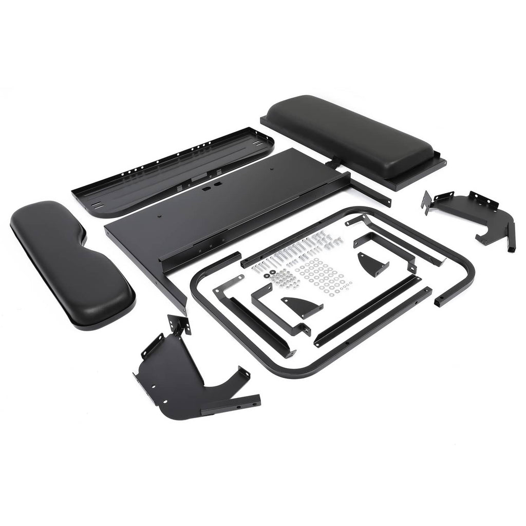 Black rear seat kit contents: padded seat and backrest plus frame and hardware