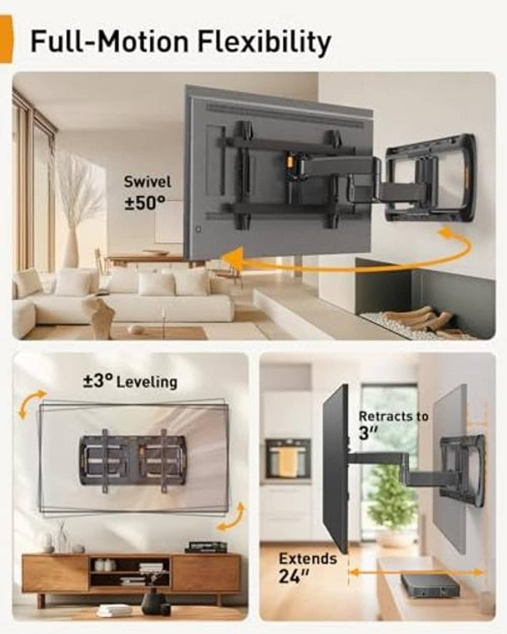 Full-motion TV wall mount with swivel, leveling, and extend/retract movement