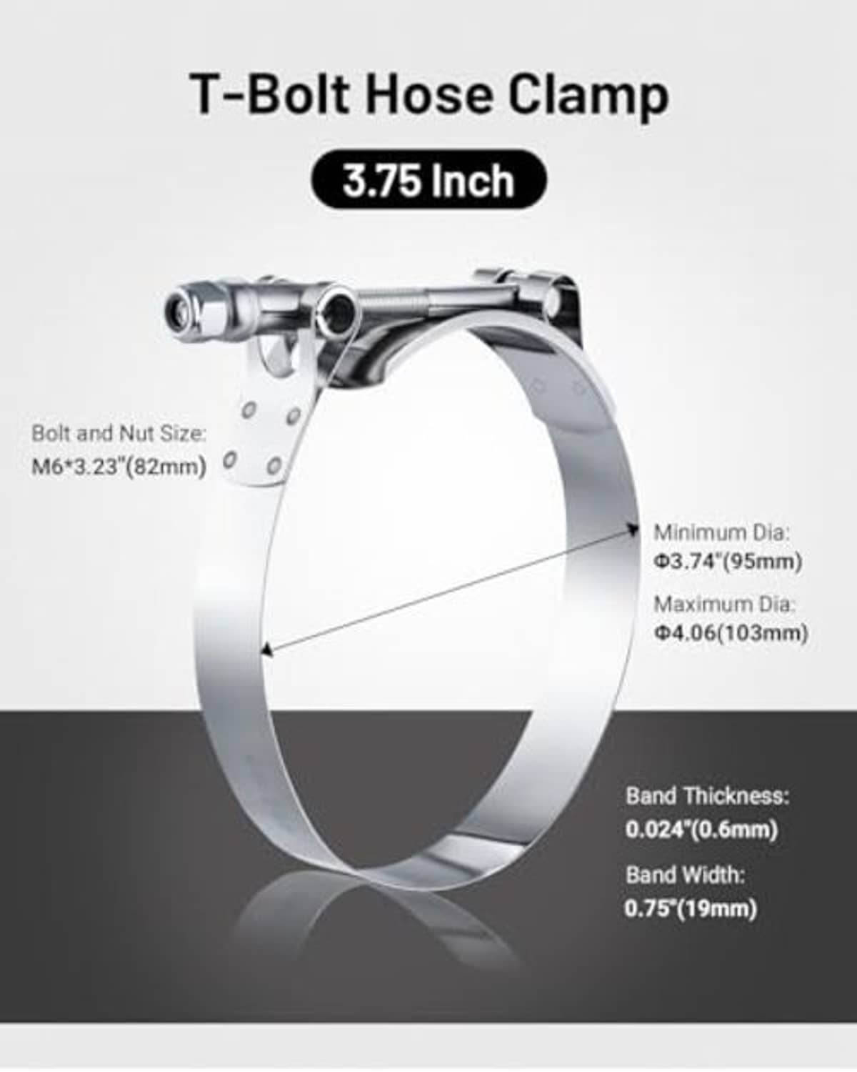 3.75 in T-bolt hose clamp diagram with clamp range and band thickness