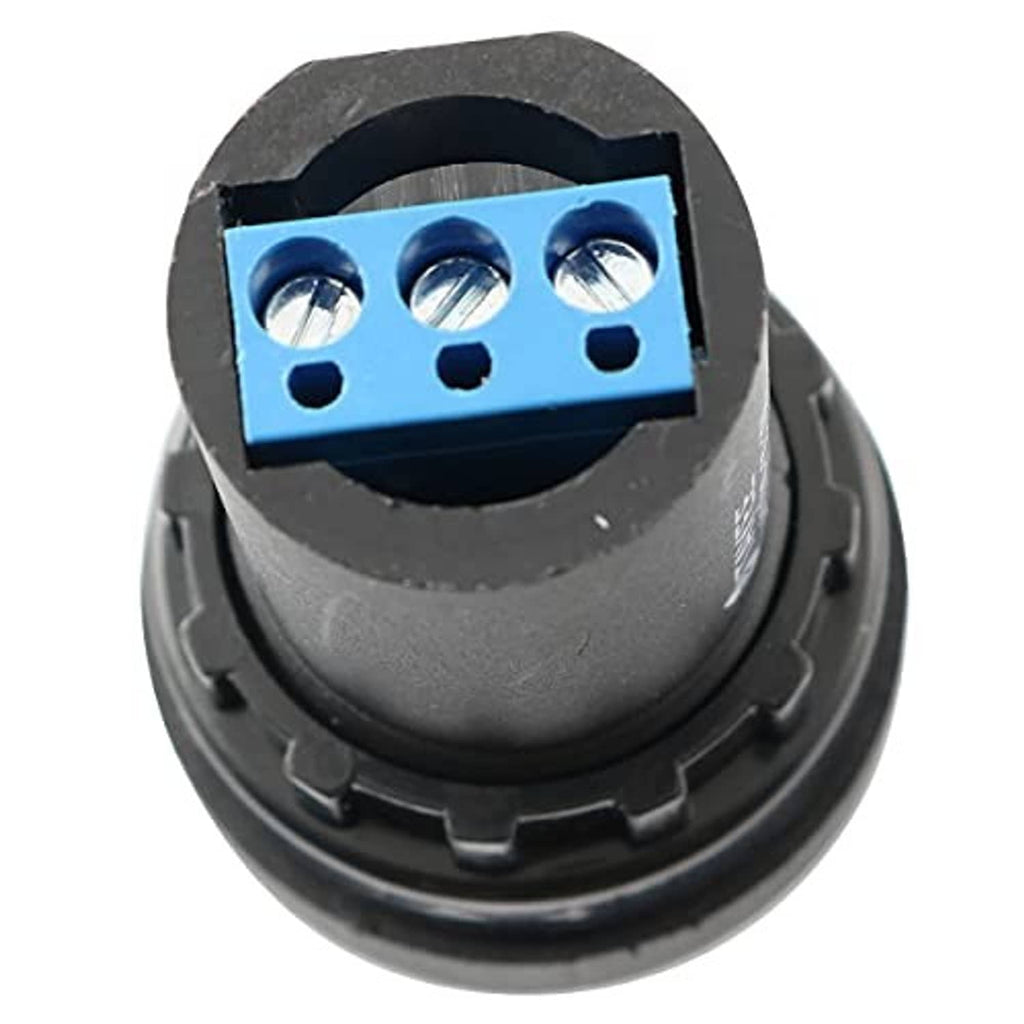 Rotary potentiometer with blue terminal block and three metal screw holes on black housing