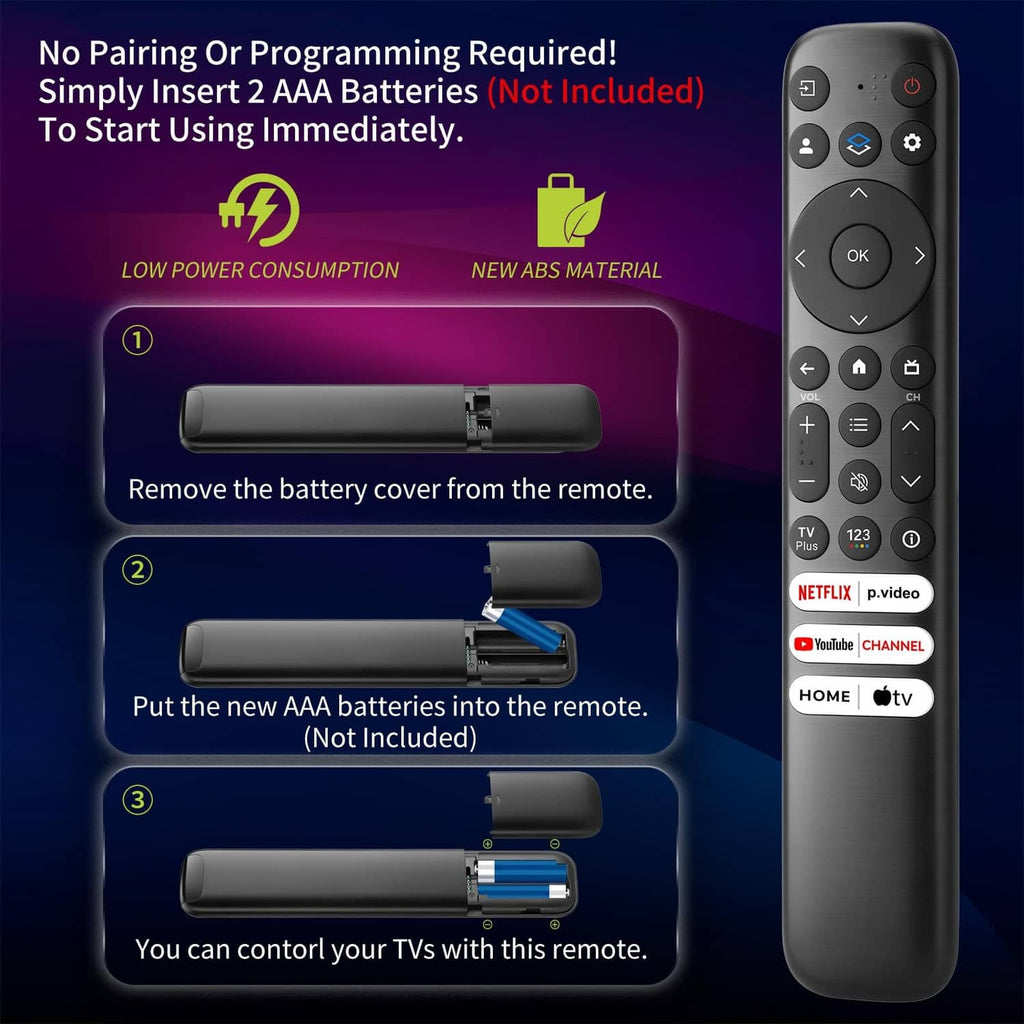Black TV remote with visible battery compartment instructions and control buttons