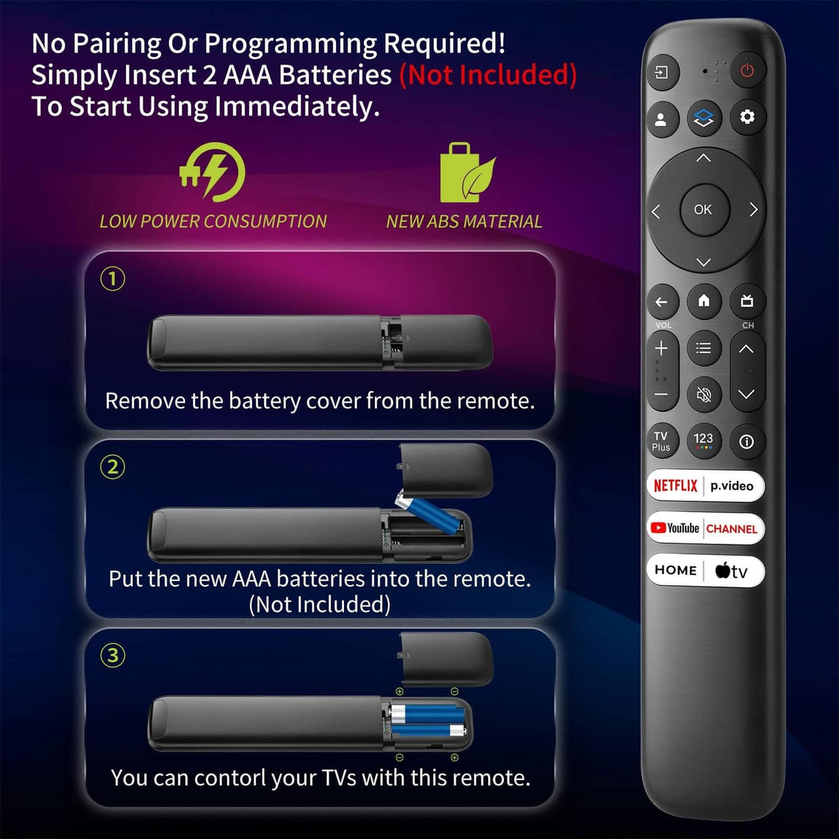 Black TV remote with visible battery compartment instructions and control buttons