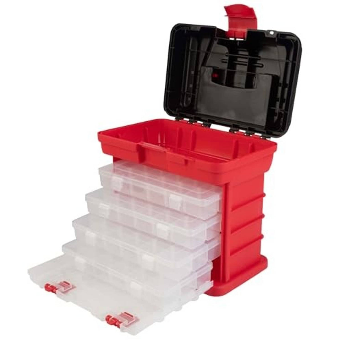 Red portable tool box with open black lid and stacked clear drawer compartments