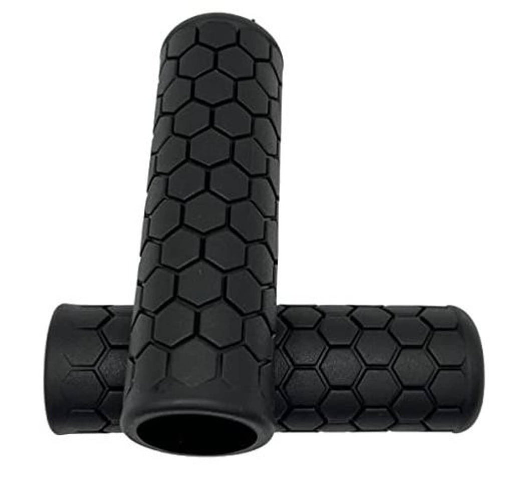 Black hexagon-pattern bike handlebar grips with end cap, textured non-slip rubber