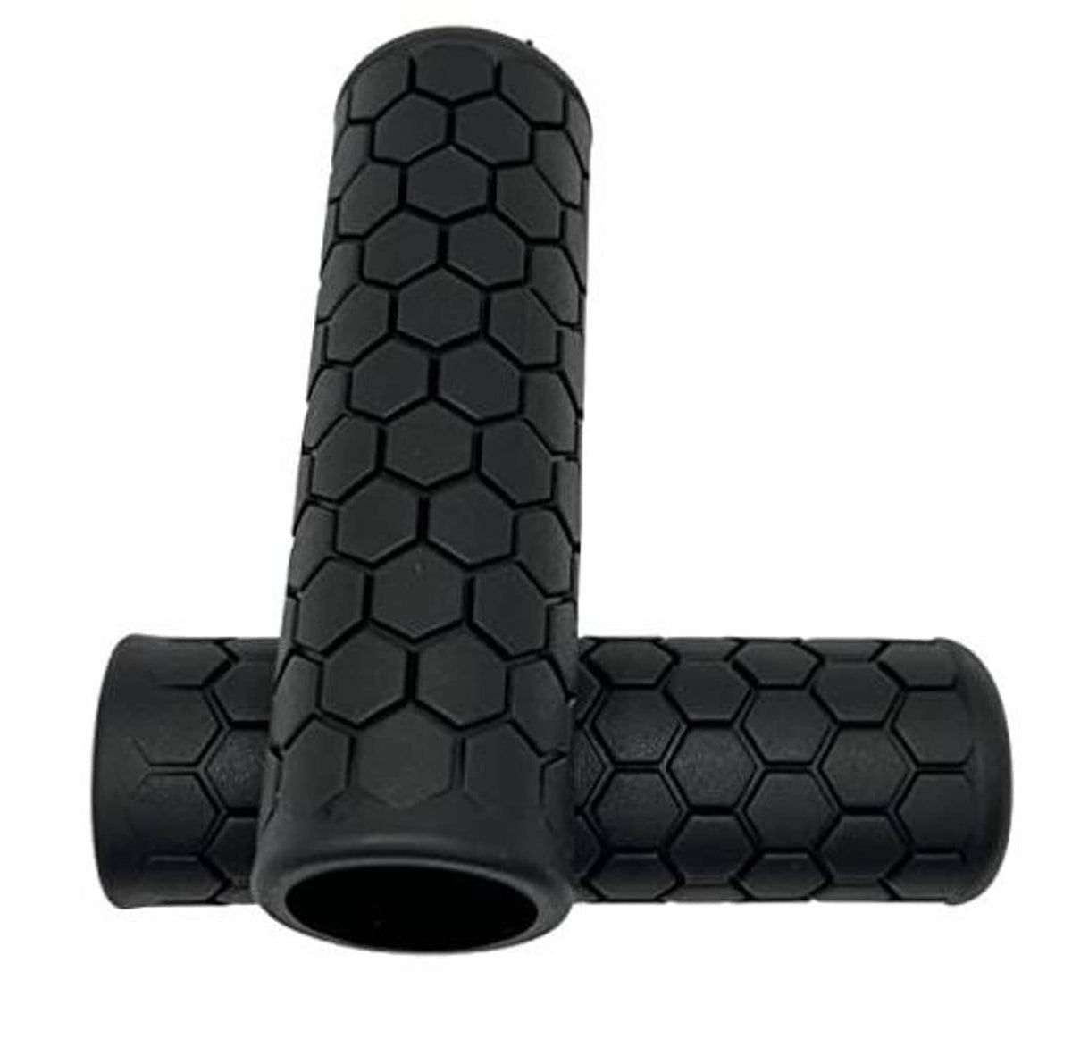 Black hexagon-pattern bike handlebar grips with end cap, textured non-slip rubber