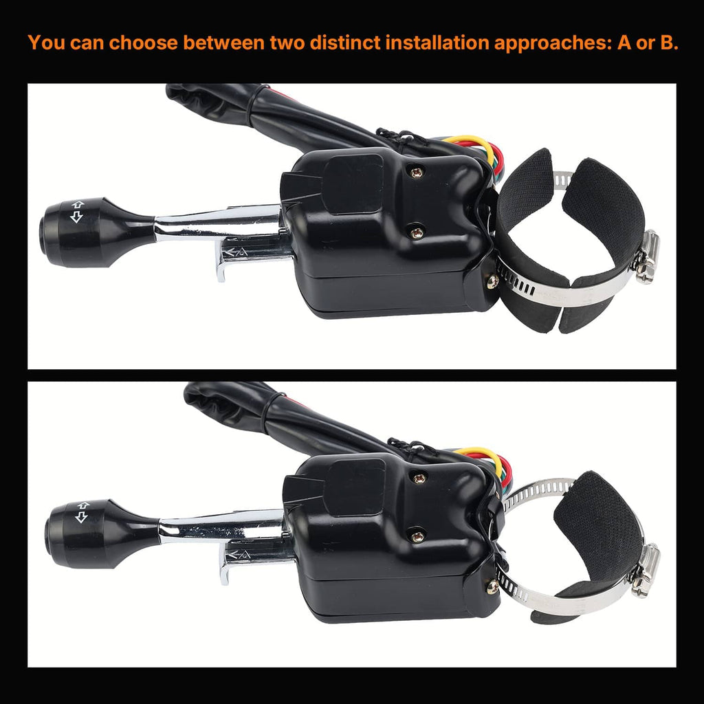 UTV turn signal switch assembly with clamp mount and horn/indicator wiring, two installs