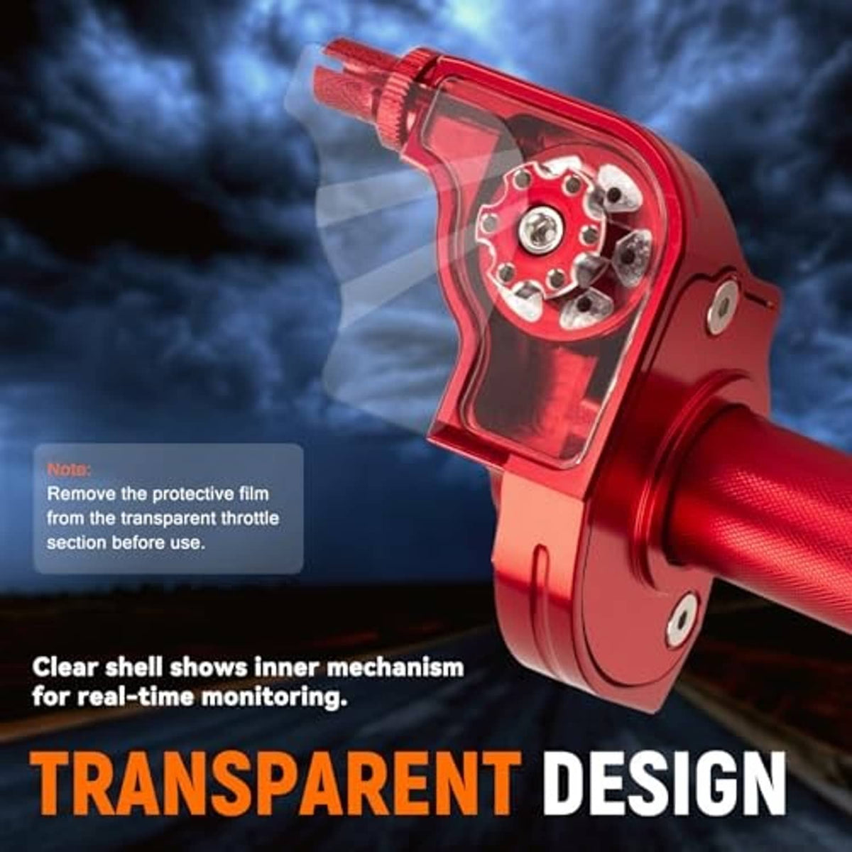 Red twist throttle housing with clear window showing internal mechanism