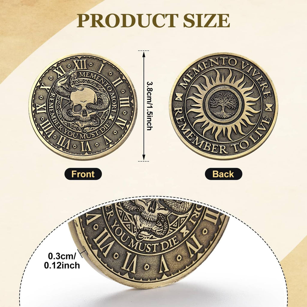 Copper memento mori coin with front and back views showing skull and tree motif