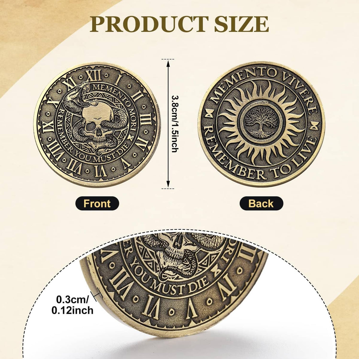 Copper memento mori coin with front and back views showing skull and tree motif