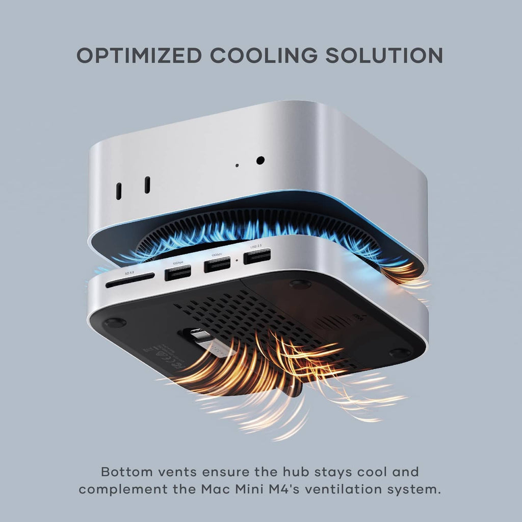 Silver hub stand showing cooling vents on the underside and airflow graphic