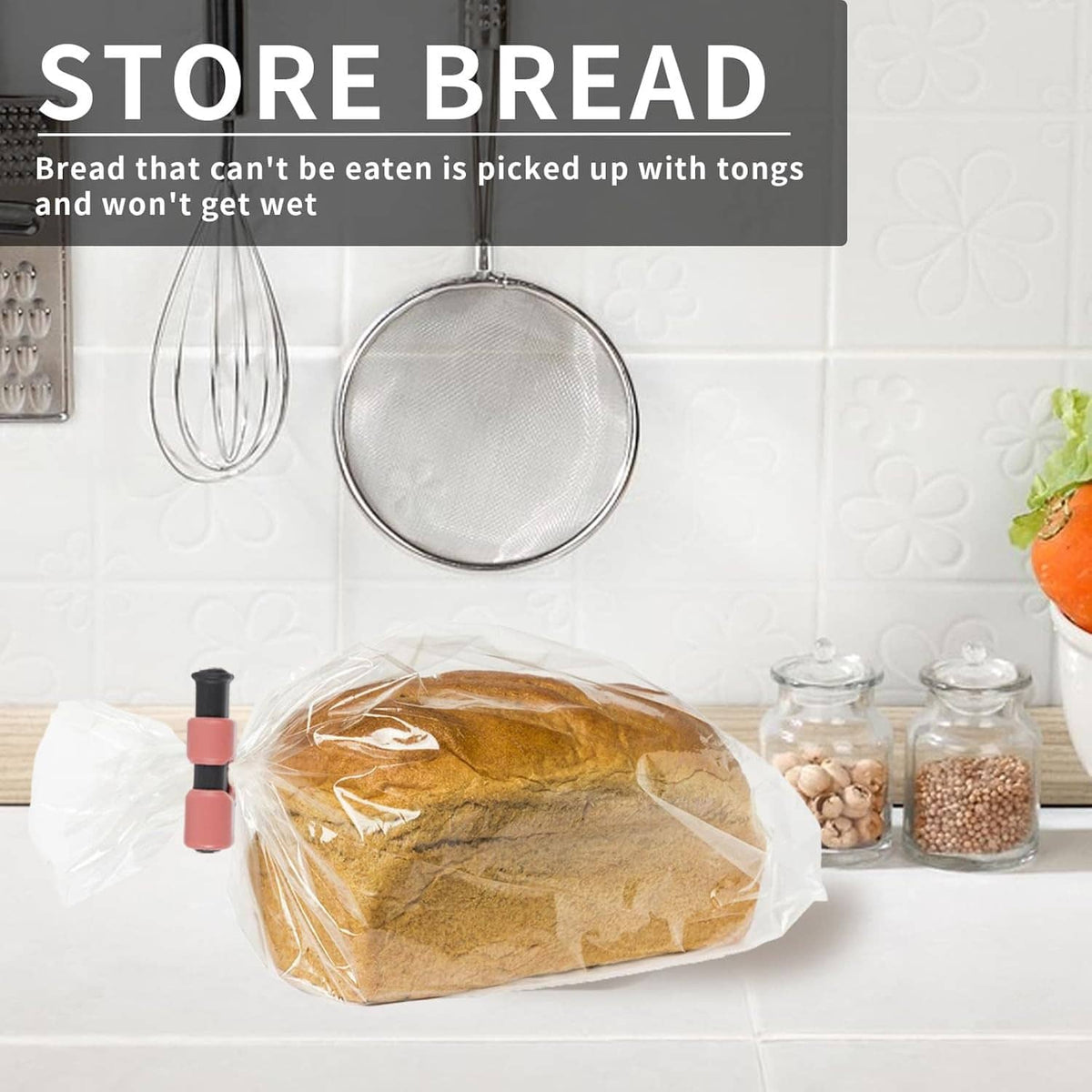 Bread loaf bag sealed with a pink squeeze-lock clip