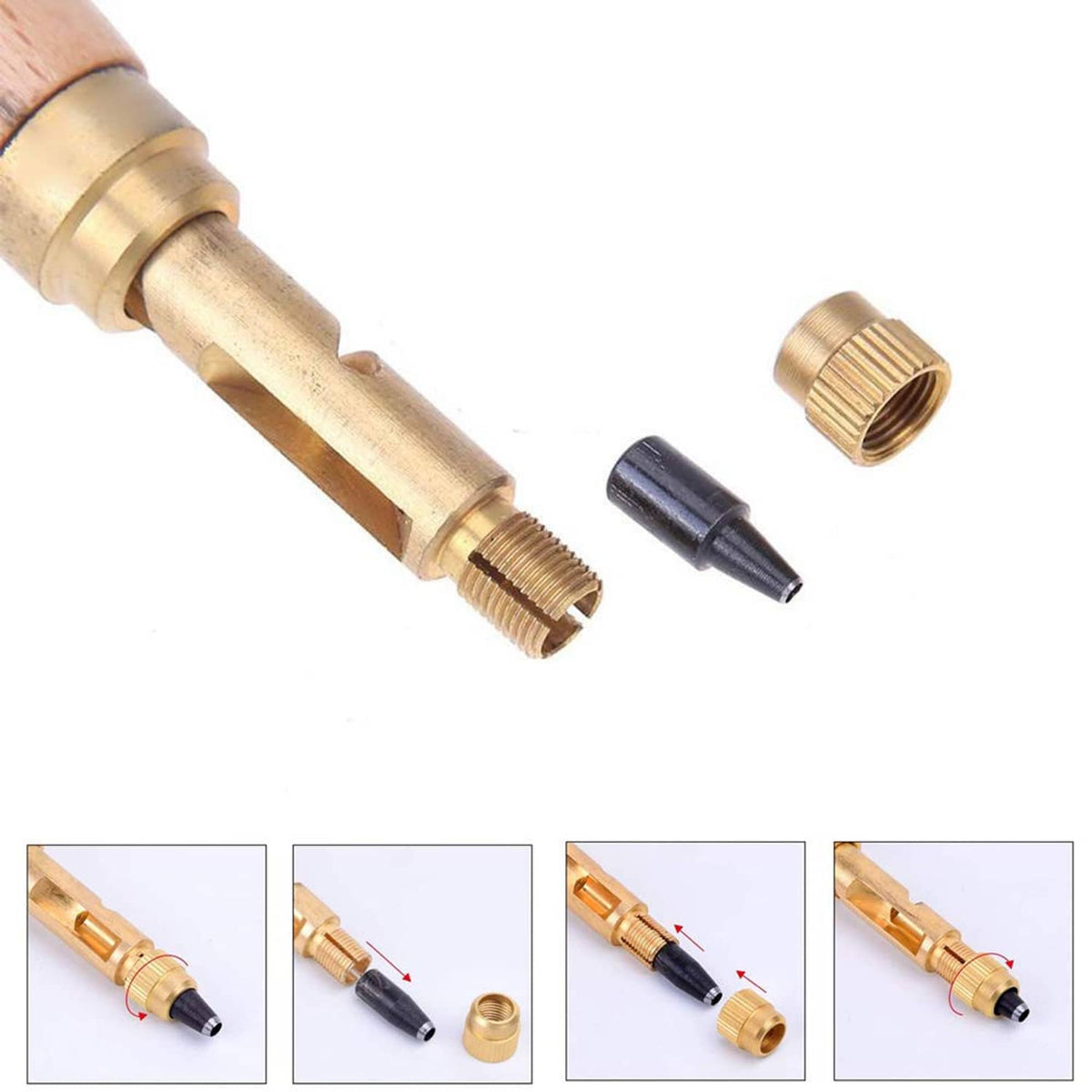 Leather screw punch close-up with threaded brass rings and interchangeable black punch bit