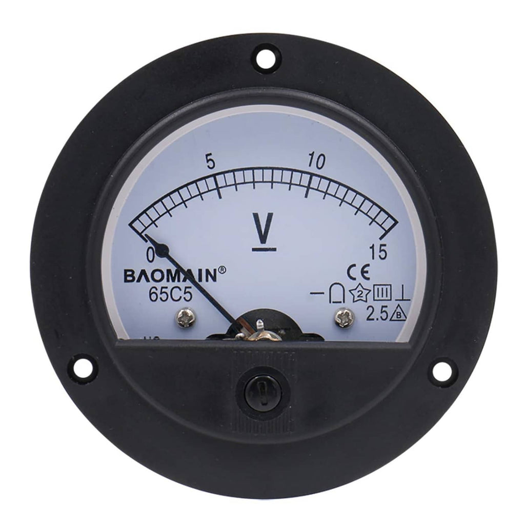 Black analog panel voltmeter with V scale and screw terminals on round face